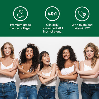Organika Canadian-Made Marine Collagen PCOS Relief Powder - Clinically Researched 40:1 Inositol Blend, Folate, B12 - Helps support Hormone Balance, Menstrual Cycle and Fertility - 283g