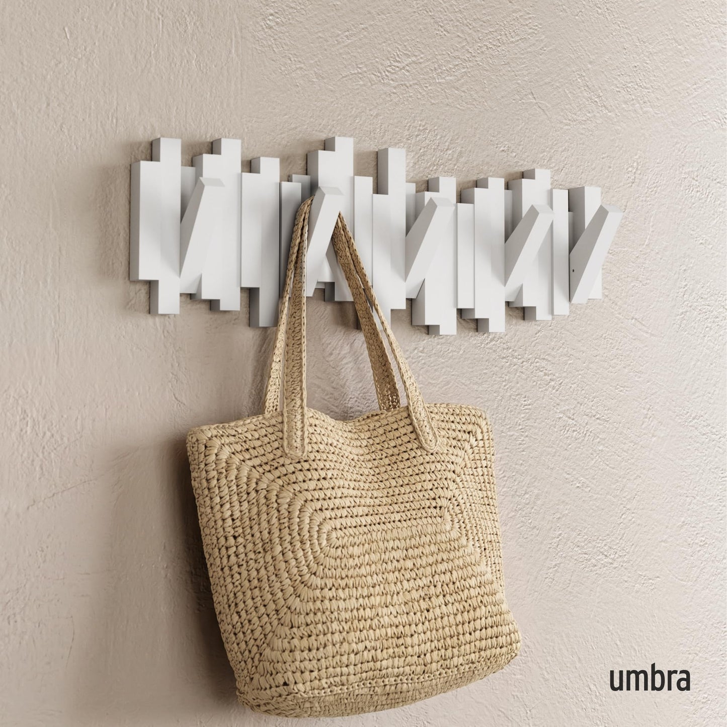 Umbra Sticks Wall-Mounted Coat Rack Rail Hook with 5 Retractable Pegs – Modern, Space-Saving Storage Organizer, White Umbra
