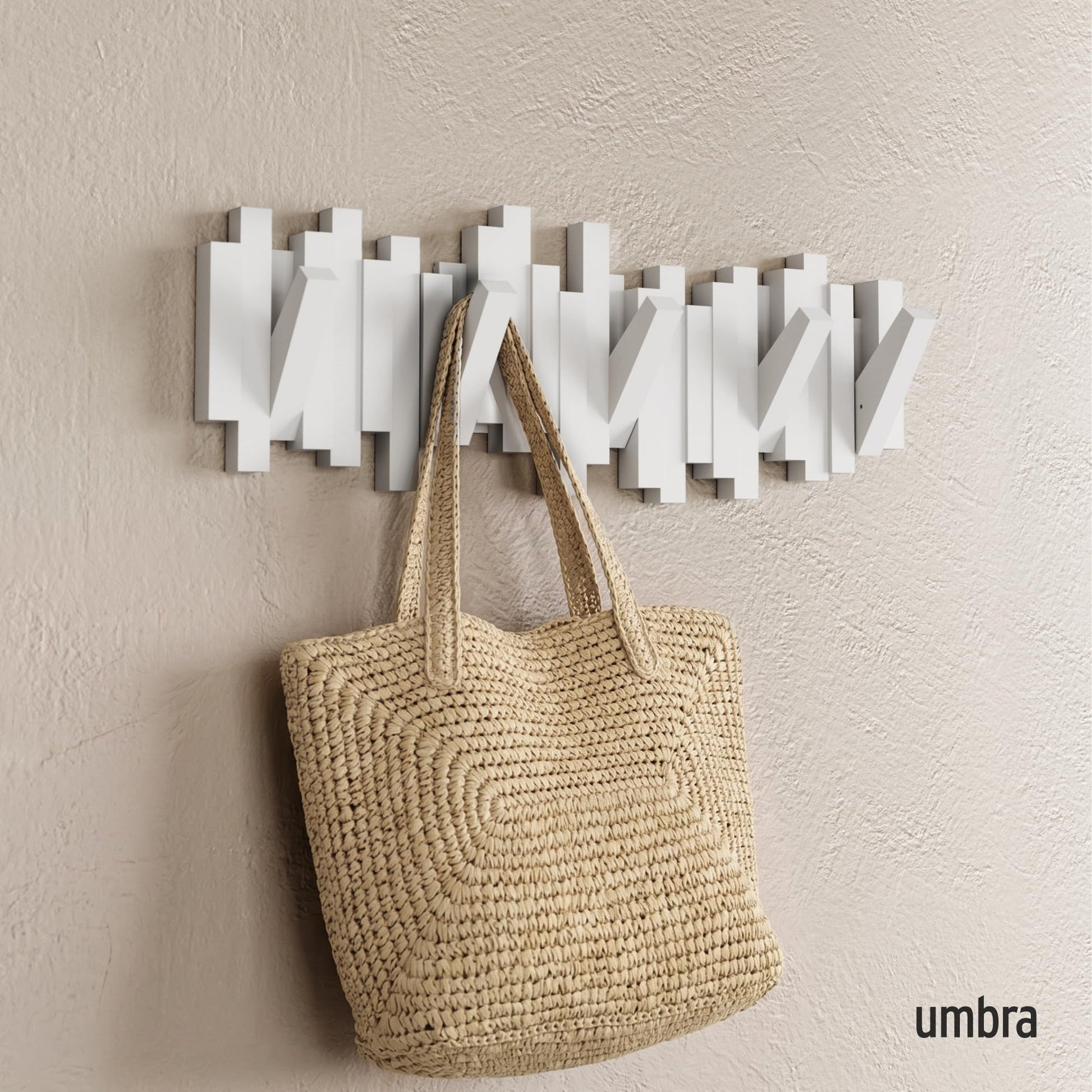 Umbra Sticks Wall-Mounted Coat Rack Rail Hook with 5 Retractable Pegs – Modern, Space-Saving Storage Organizer, White Umbra