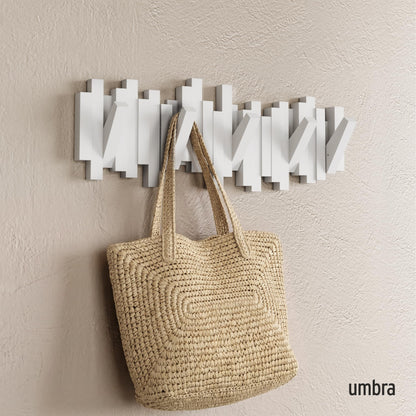 Umbra Sticks Wall-Mounted Coat Rack Rail Hook with 5 Retractable Pegs – Modern, Space-Saving Storage Organizer, White Umbra
