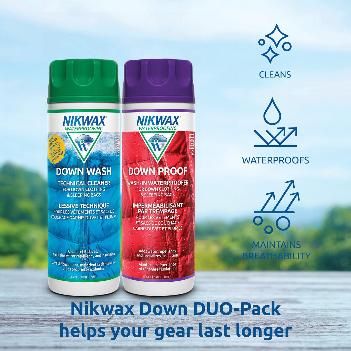 Nikwax Down DUO-Pack, 300ml, Cleans and Waterproofs Down Filled Gear, Jackets, Vests, Sleeping Bags, Quilts, Comforters