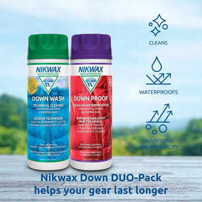 Nikwax Down DUO-Pack, 300ml, Cleans and Waterproofs Down Filled Gear, Jackets, Vests, Sleeping Bags, Quilts, Comforters