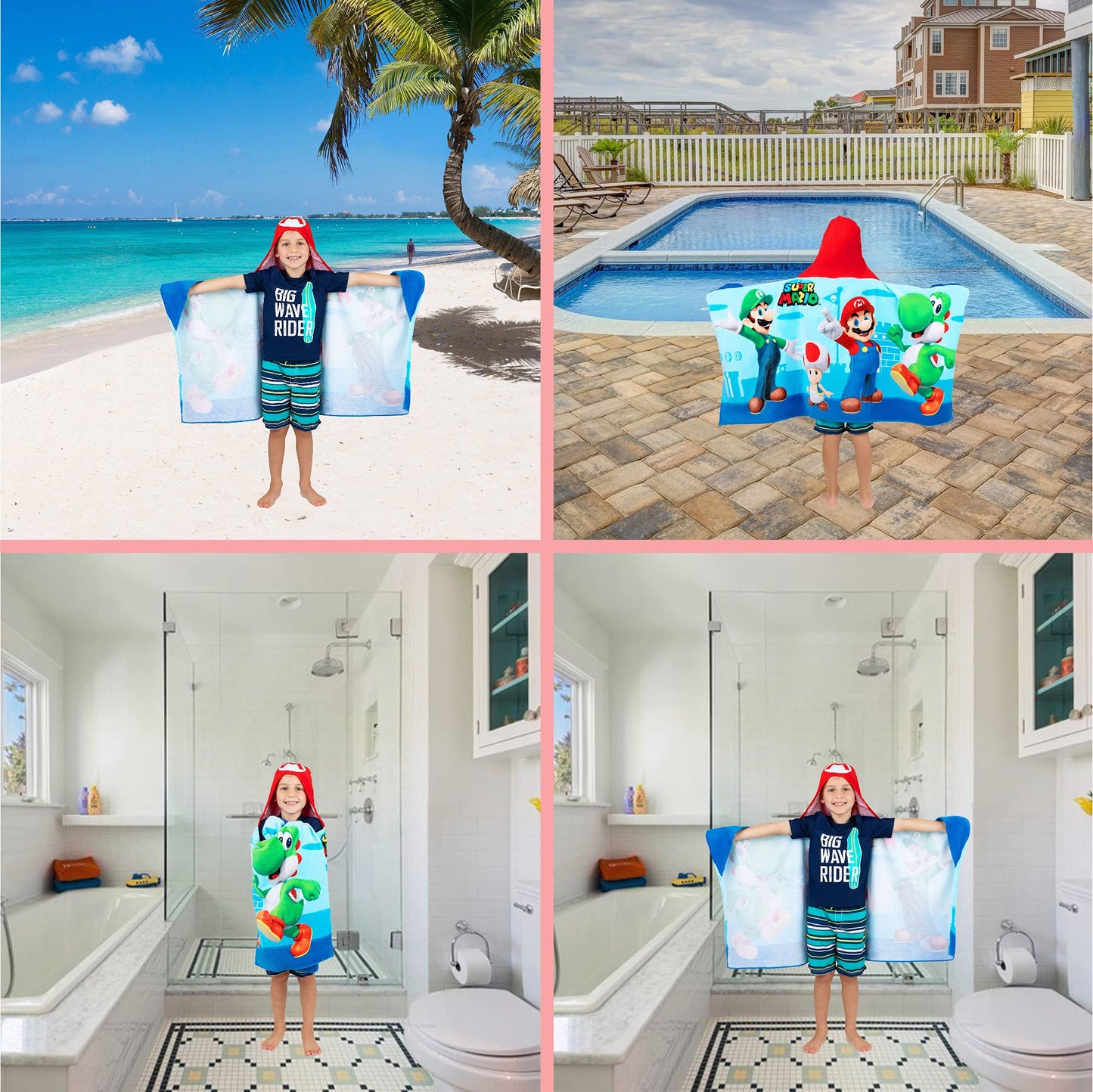 Franco Kids Bath and Beach Super Soft Cotton Hooded Towel Wrap, 24 in x 50 in, Super Mario Franco
