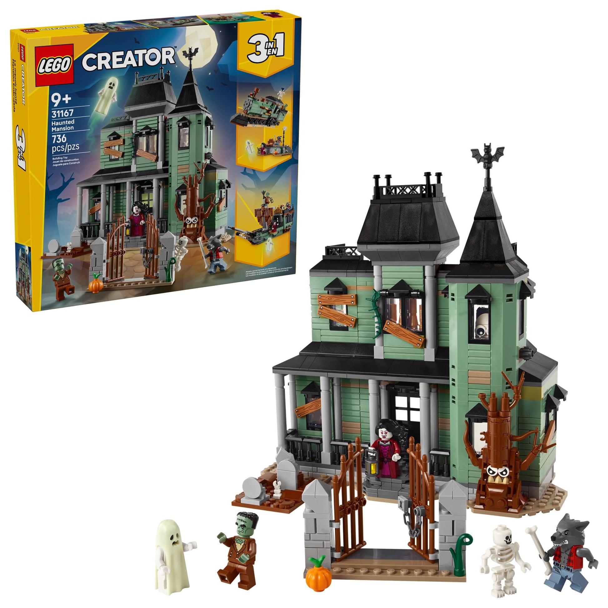 LEGO Creator 3 in 1 Haunted Mansion Building Toy for Kids - Halloween Building Blocks & Learning Toy for Girls & Boys, Ages 9+ - Build a Haunted House, Train, or Ship - Gift for Birthdays - 31167 LEGO
