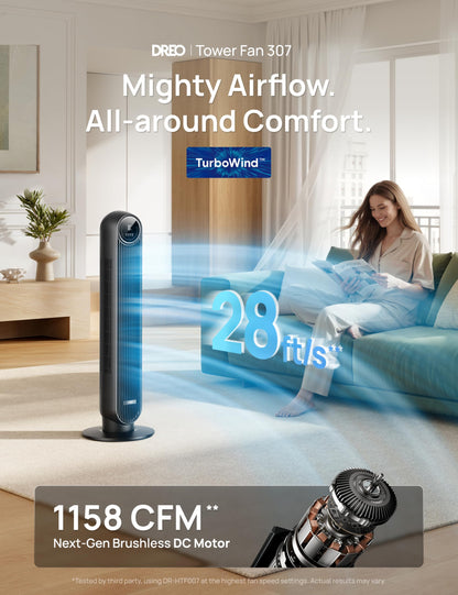 DREO Tower Fan for Bedroom, 2026 Upgraded DC Motor, 28ft/s High Velocity, 20dB Ultra Quiet Standing Fan, 8 Speeds 4 Modes, 90° Oscillating Bladeless Fan for Indoors, Floor Fans with Remote, Black