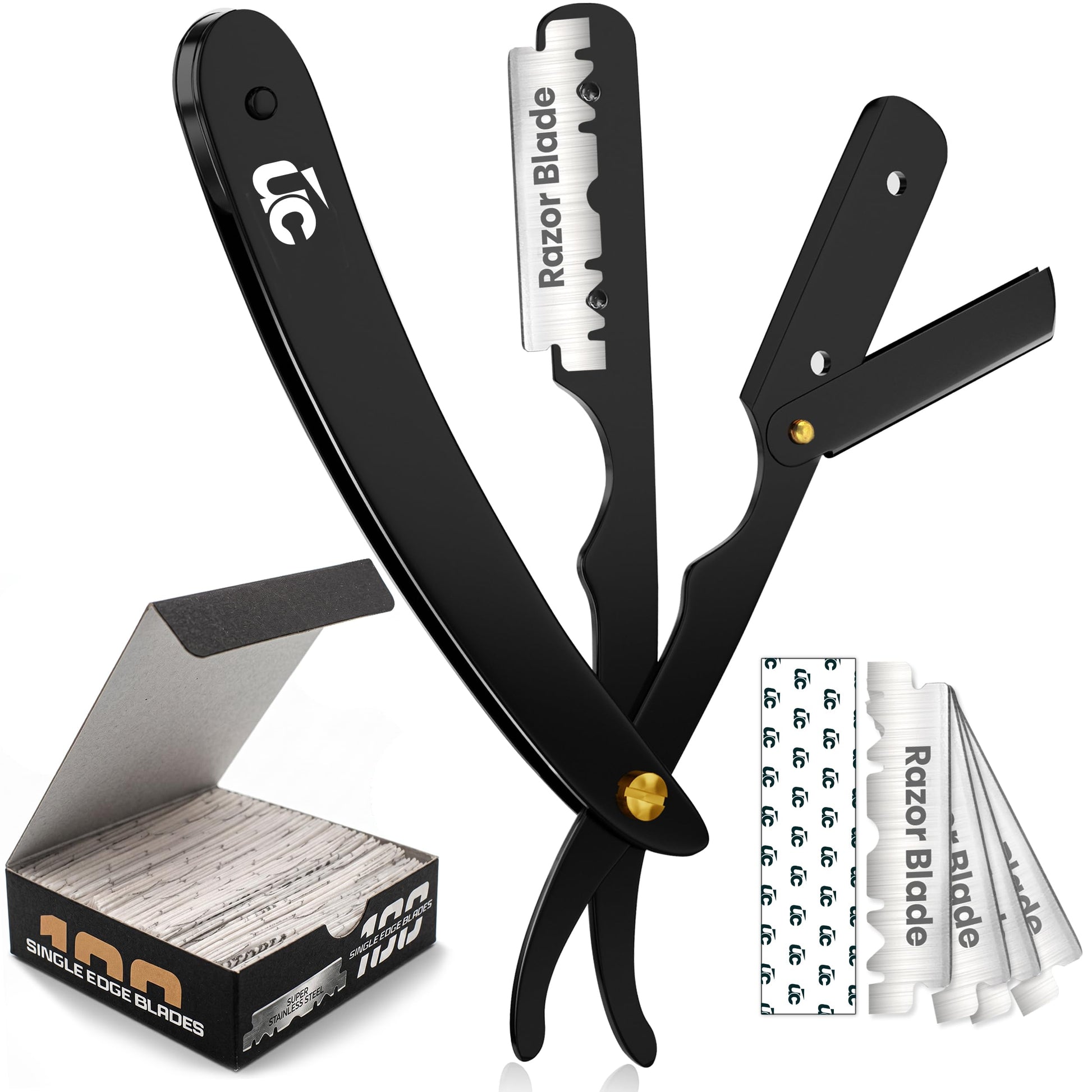 Utopia Care Professional Barber Straight Edge Razor, 100-Pack Razor Blades, Stainless Steel Safety Razor, Barber Shaving Accessories - Black - Available at All In One Marketplace Canada