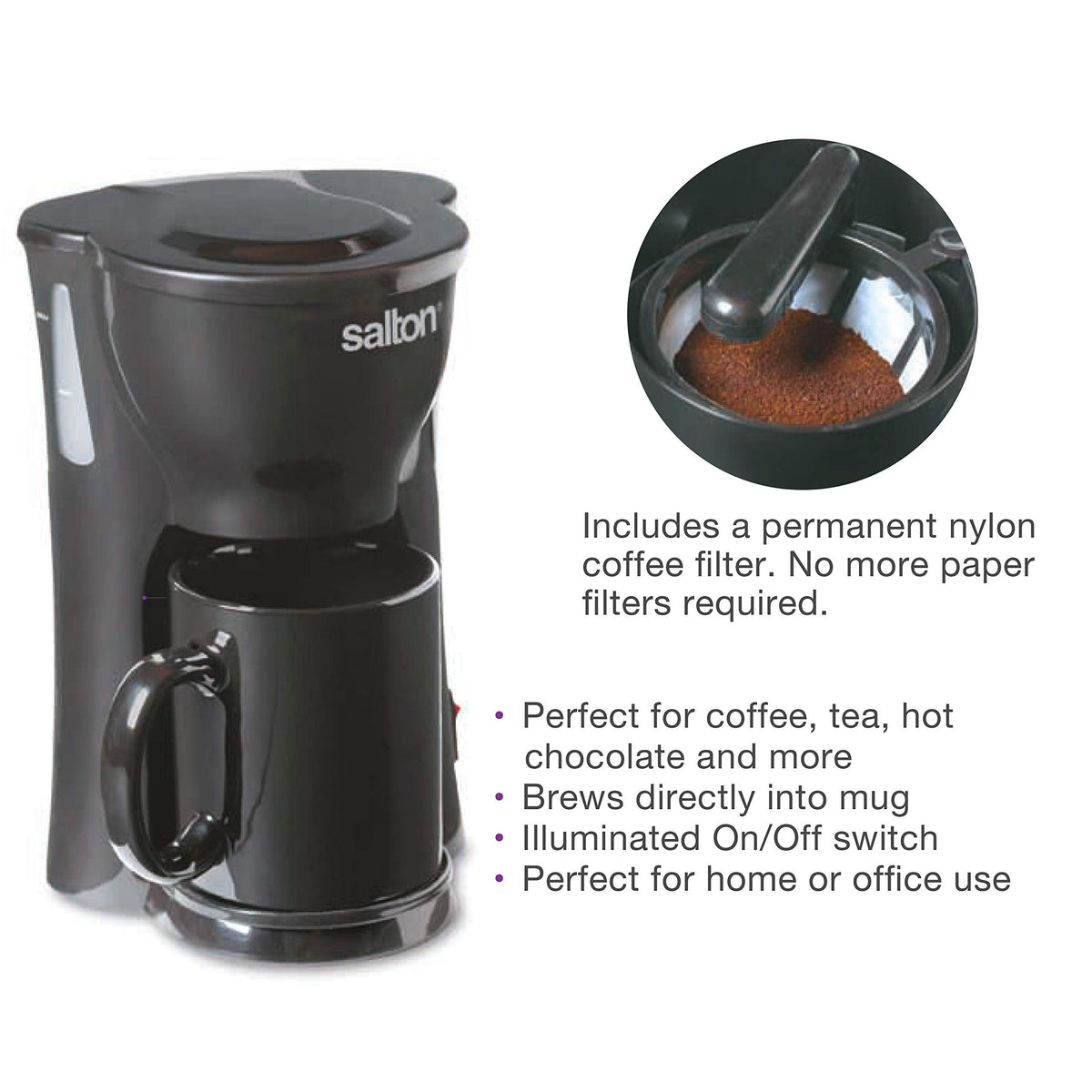 Salton 1 Cup Mini Single Serve Coffee Maker with Reusable Mesh Filter, With Bonus Ceramic Mug for Home or Office, Compact 10 Oz, Black (FC1205)