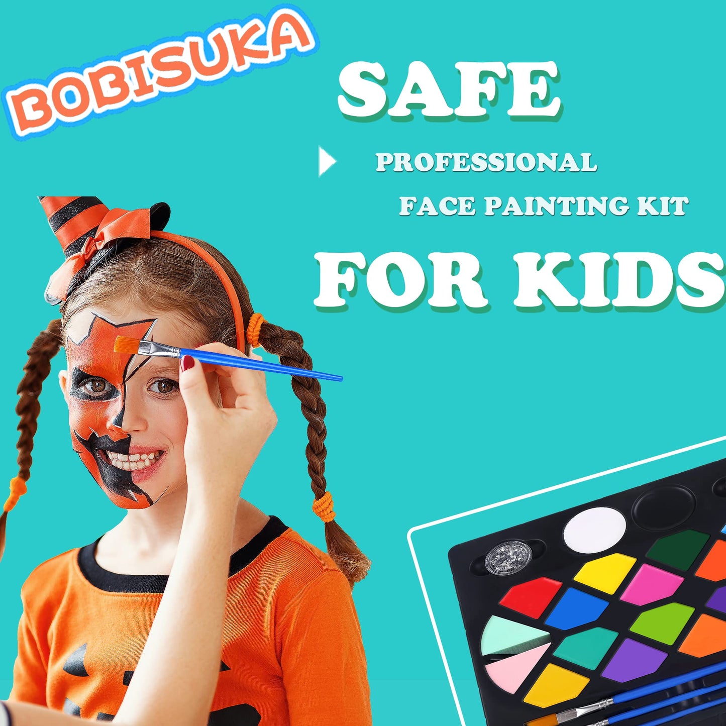 BOBISUKA Face Painting Kit for Kids - 16 Colors Water Based Body Face Paint Includes Brushes,Sponges,Glitters,Gem Sheet,Instructions,Stencils for Halloween Party Costume SFX Makeup - Available at All In One Marketplace Canada