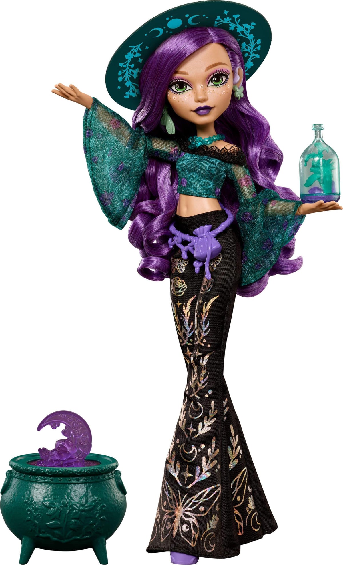 Monster High Doll, Moonspell Magic by Monster High Willow Thorne The Nature Witch with Hearing Aid, Cauldron Surprise & Accessories like Herb Jar