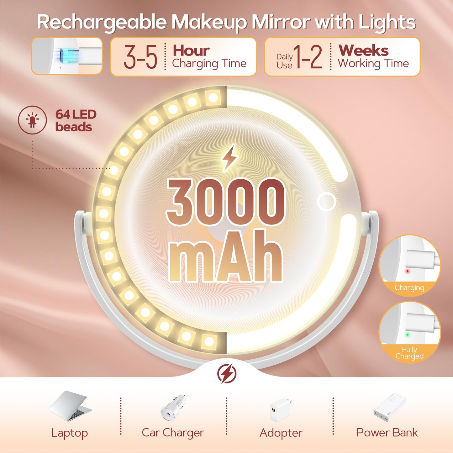 B Beauty Planet Makeup Mirror with Lights, Lighted Magnifying Mirror 30X with 3 Lighting and Adjustable Brightness, 2-Sided Height Adjustable Vanity Mirror for Bathroom, Women Gifts for Mom - Available at All In One Marketplace Canada