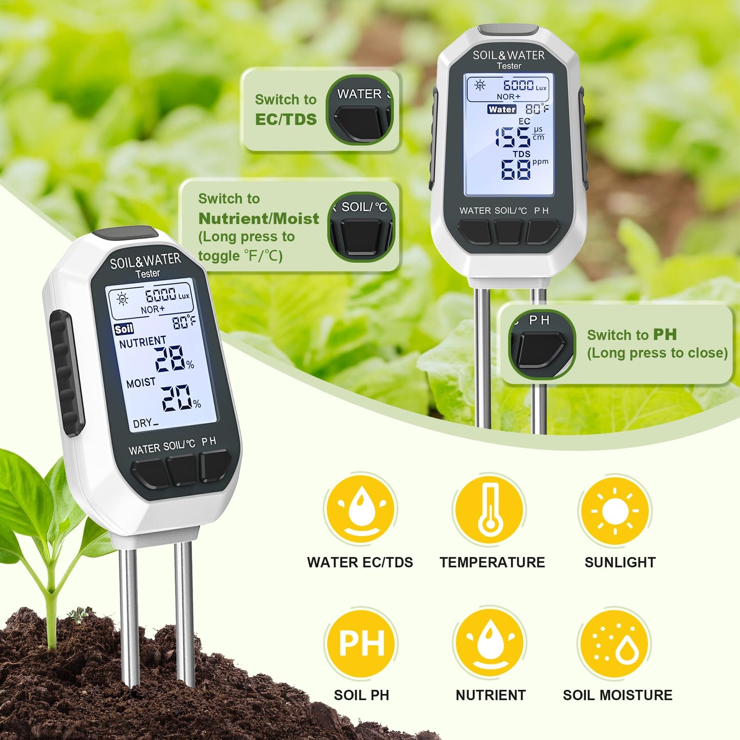 7-in-1 Soil＆Water Meter Digital Plant Temperature/Soil Moisture/PH Meter/Sunlight Intensity/Fertility/EC/TDS Backlight LCD Display Soil Test Meter TDS EC Meter for Garden Indoor Outdoor - Available at All In One Marketplace Canada