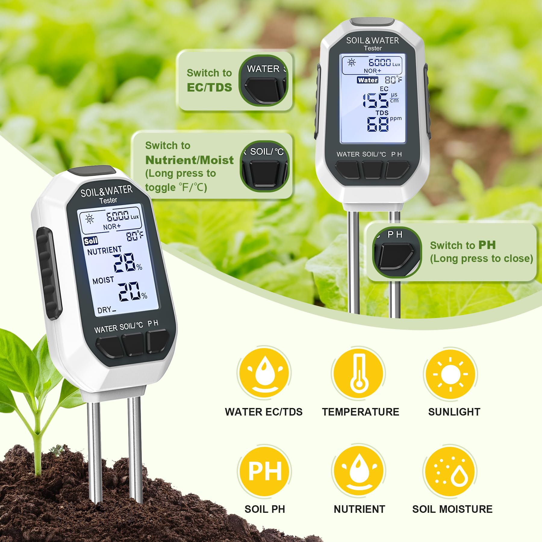 7-in-1 Soil＆Water Meter Digital Plant Temperature/Soil Moisture/PH Meter/Sunlight Intensity/Fertility/EC/TDS Backlight LCD Display Soil Test Meter TDS EC Meter for Garden Indoor Outdoor - Available at All In One Marketplace Canada
