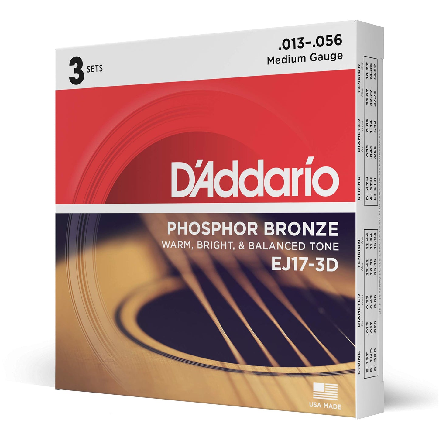 D'Addario EJ17 Cordes Guitare Acoustique Phosphore Bronze Pack de 3 - Tirant Medium 13-56