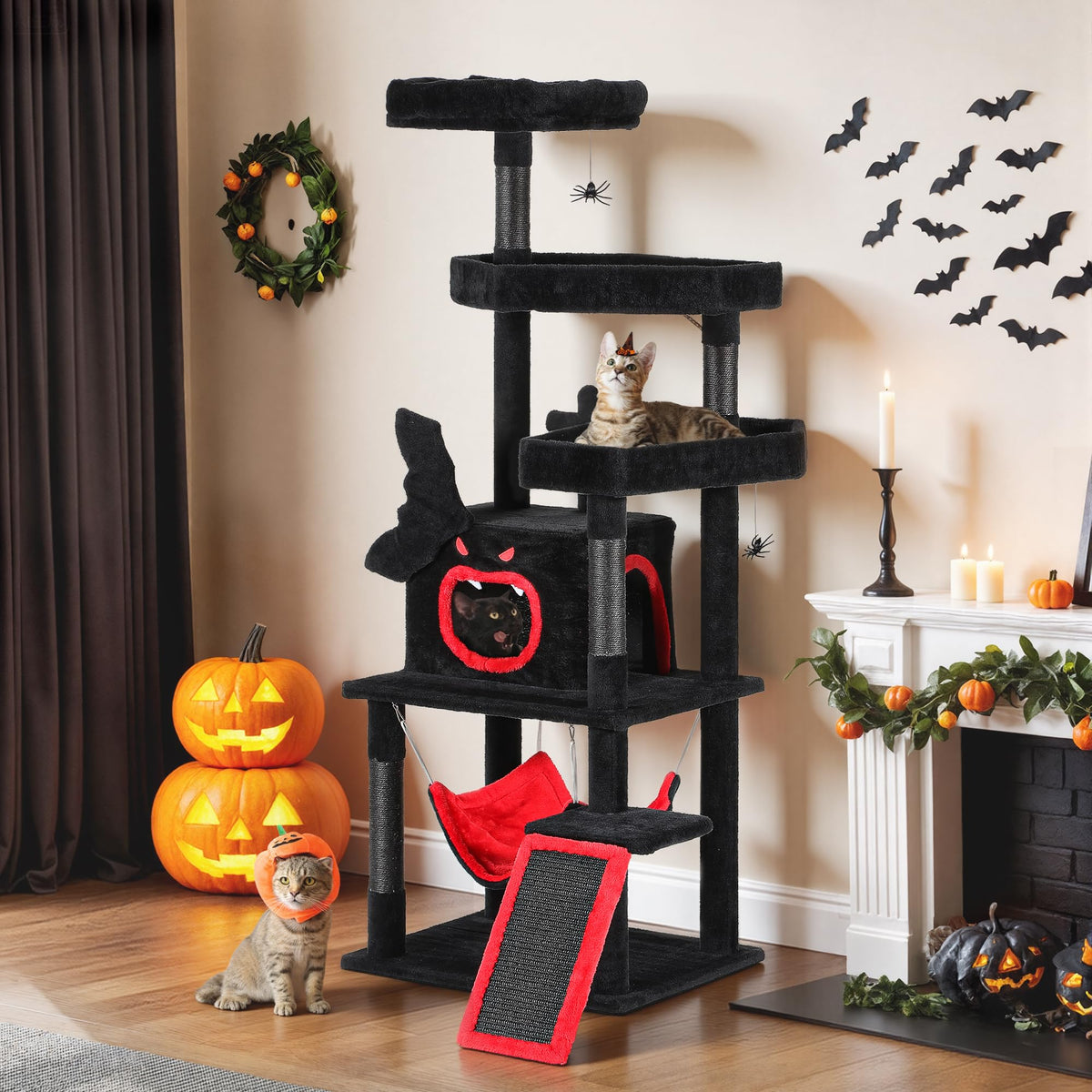 DWVO Gothic Halloween Cat Tree: 63in Tall Tower with Coffin Bed, Top Perch, Spacious Condos, Spider Playthings, Comfy Hammock & Scratching Ladder for Indoor Large Cats Kittens, Black & Red