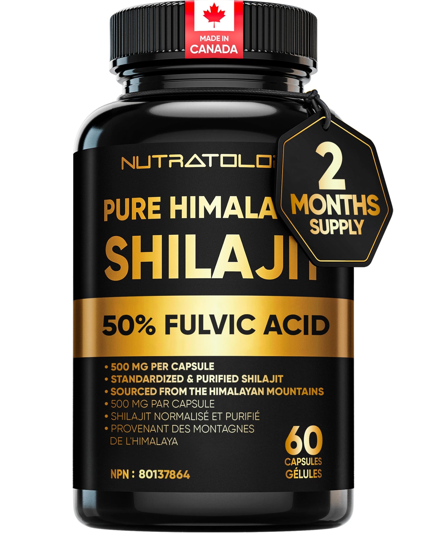 Nutratology® Pure Shilajit Capsules | 50% Fulvic Acid | High Potency & Purity - Sourced from the Himalayan Mountains - Shilajit for Men & Women - 60 Count - Available at All In One Marketplace Canada