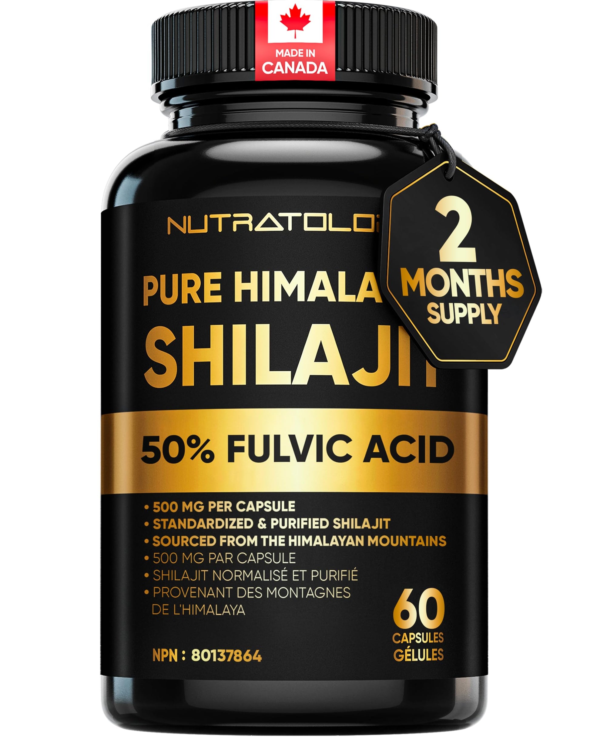 Nutratology® Pure Shilajit Capsules | 50% Fulvic Acid | High Potency & Purity - Sourced from the Himalayan Mountains - Shilajit for Men & Women - 60 Count - Available at All In One Marketplace Canada