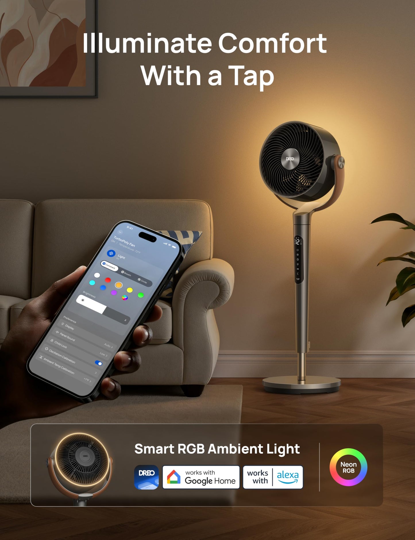 DREO Smart Fan For Bedroom, Standing Fans for Home, 120°+150° Oscillating Pedestal Fan Wi-Fi/Voice Control, 100ft 20db Quiet Circulator RGB Fan, DC Motor, 6 Modes, 12 Speeds, 37-42'' Adjustable Height - Available at All In One Marketplace Canada