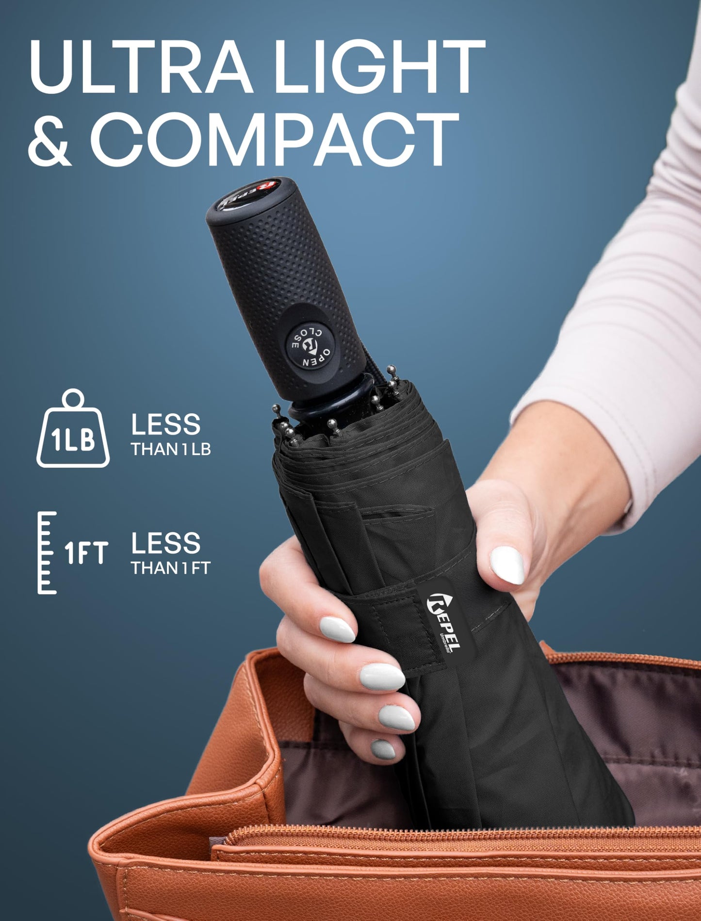 Repel Windproof Travel Umbrella - Compact & Withstands Winds up to 100MPH, Strongest Premium Auto Folding Umbrella for Rain and Sun - Durable, Light & Portable for Women & Men, Fits Backpack & Cars - Available at All In One Marketplace Canada