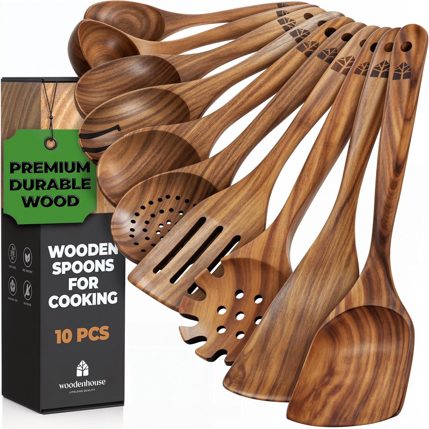Wooden Spoons for Cooking, Kitchen Utensil Set, 10 Pcs Cooking Utensils Set for Nonstick Pans & Cookware – Study Teak Wood, Lightweight & Heat Resistant - Available at All In One Marketplace Canada