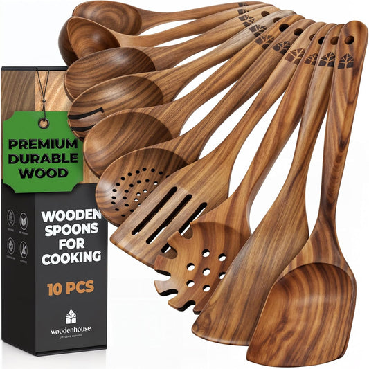 Wooden Spoons for Cooking, Kitchen Utensil Set, 10 Pcs Cooking Utensils Set for Nonstick Pans & Cookware – Study Teak Wood, Lightweight & Heat Resistant - Available at All In One Marketplace Canada