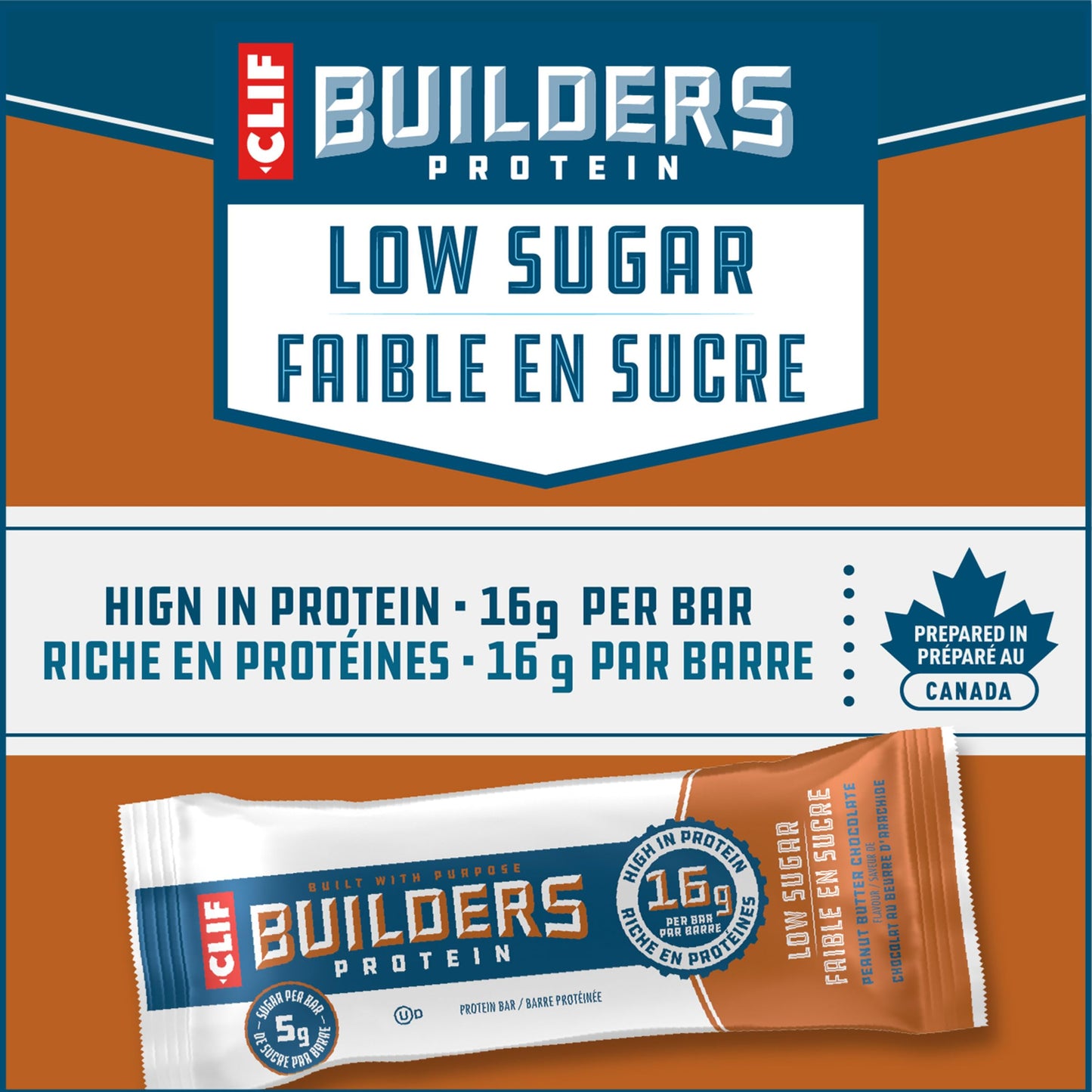 CLIF BUILDERS Low Sugar Protein Bars - Peanut Butter Chocolate, 12-Pack (56g each)