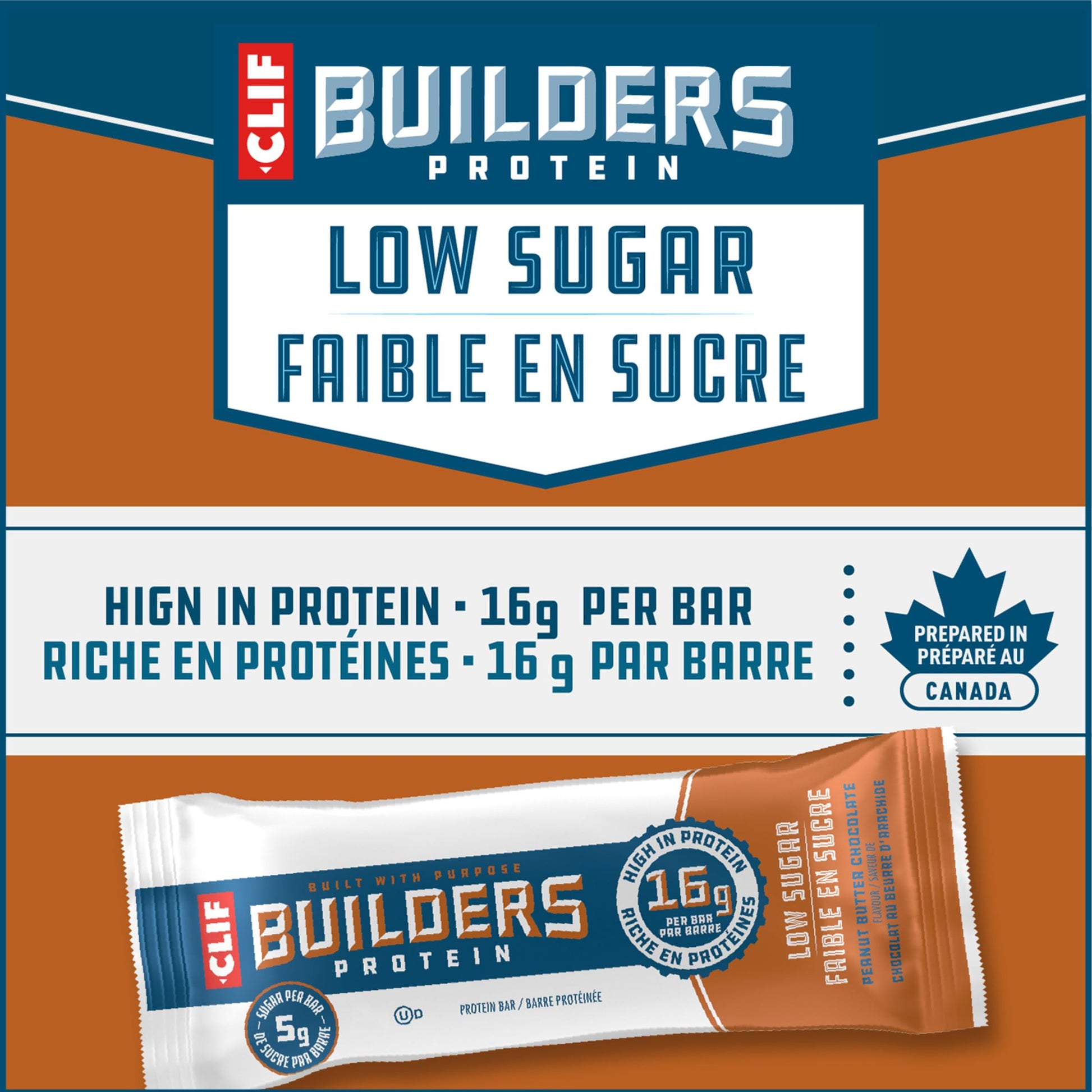 CLIF BUILDERS Low Sugar Protein Bars - Peanut Butter Chocolate, 12-Pack (56g each)