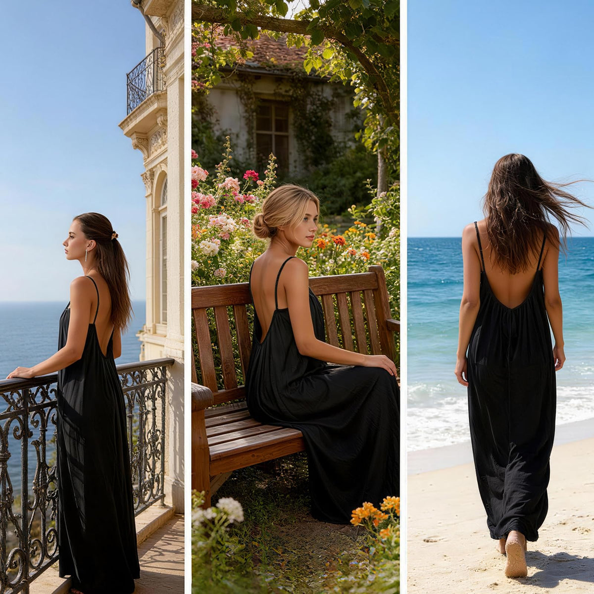 Tubeluck Backless Cami Dress for Women Summer Sleeveless Long Casual Sundress Lady Solid Color Open Back Lounge Dresses Holiday House (CA/US, Alpha, Medium, Regular, Regular, Black) 🍁 All In One Marketplace Canada