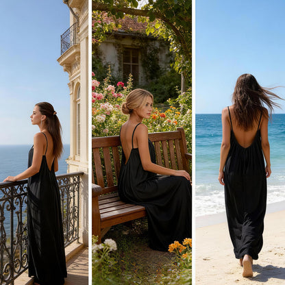 Tubeluck Backless Cami Dress for Women Summer Sleeveless Long Casual Sundress Lady Solid Color Open Back Lounge Dresses Holiday House (CA/US, Alpha, Medium, Regular, Regular, Black) 🍁 All In One Marketplace Canada