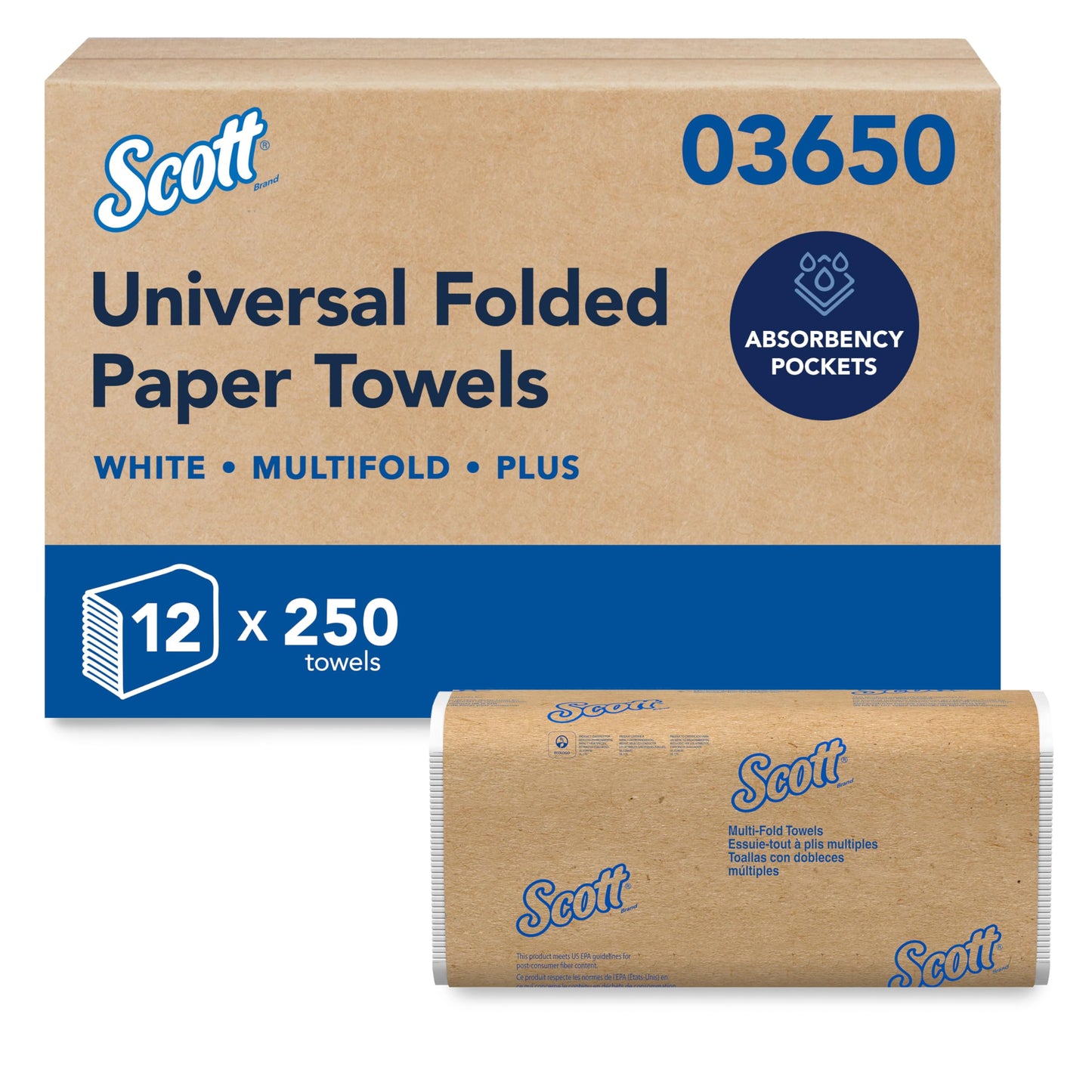 Scott Professional Universal Multifold Paper Towels, Bulk (03650), Absorbency Pockets, 9.2"x9.4", Compressed, Compact (250 Sheets/Pack, 12 Packs/Case, 3,000 Sheet Total) SCOTT PROFESSIONAL