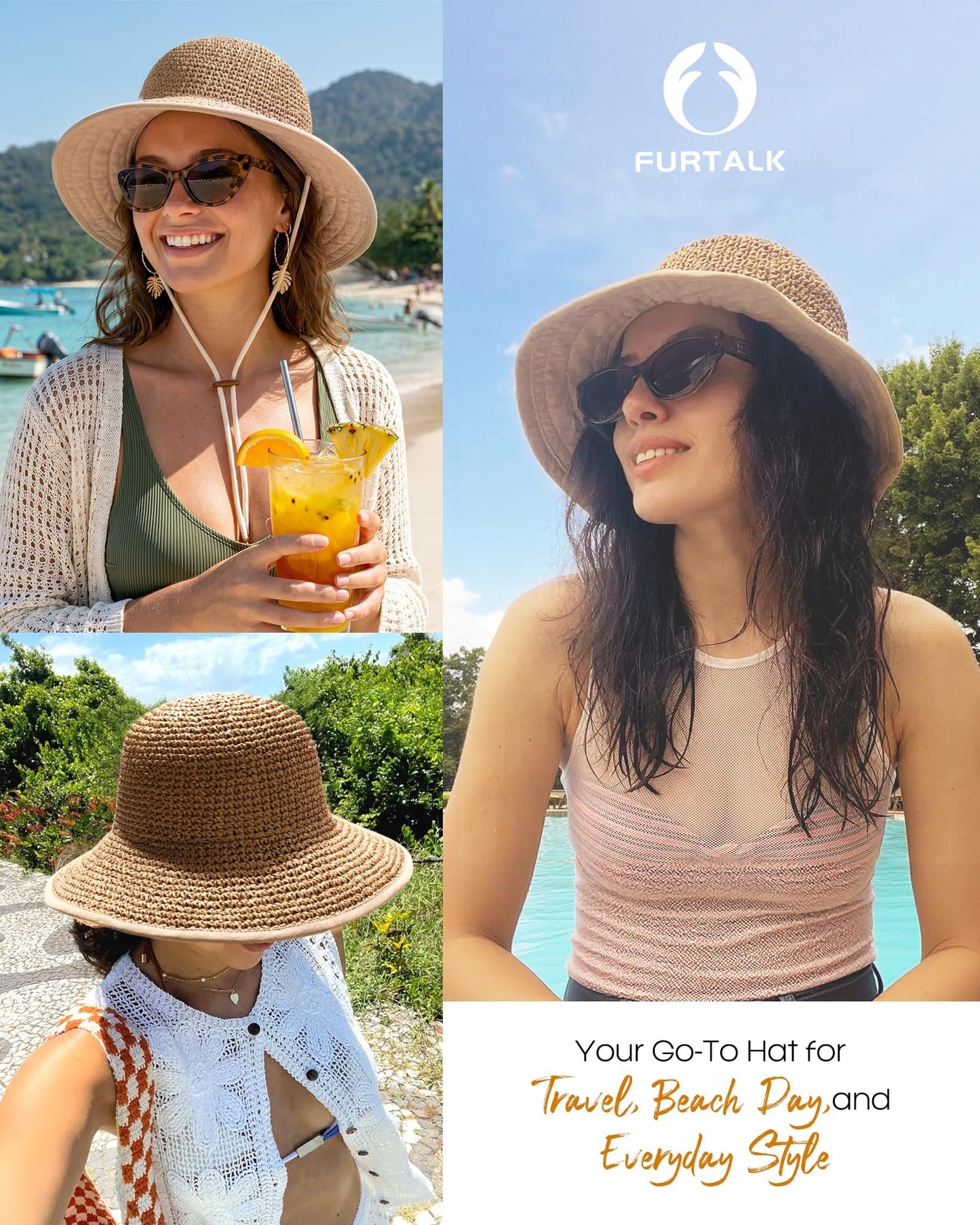 FURTALK Sun Hats for Women Handmade Summer Beach Hat Wide Brim Straw Hat Foldable Packable UPF 50 Crochet Travel Bucket Hat Kahaki - Available at All In One Marketplace Canada