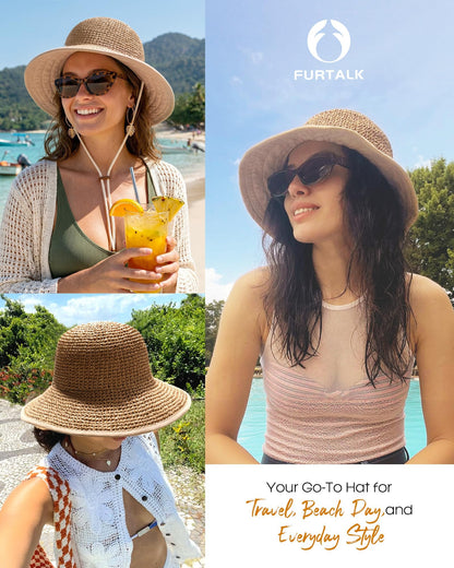 FURTALK Sun Hats for Women Handmade Summer Beach Hat Wide Brim Straw Hat Foldable Packable UPF 50 Crochet Travel Bucket Hat Kahaki - Available at All In One Marketplace Canada