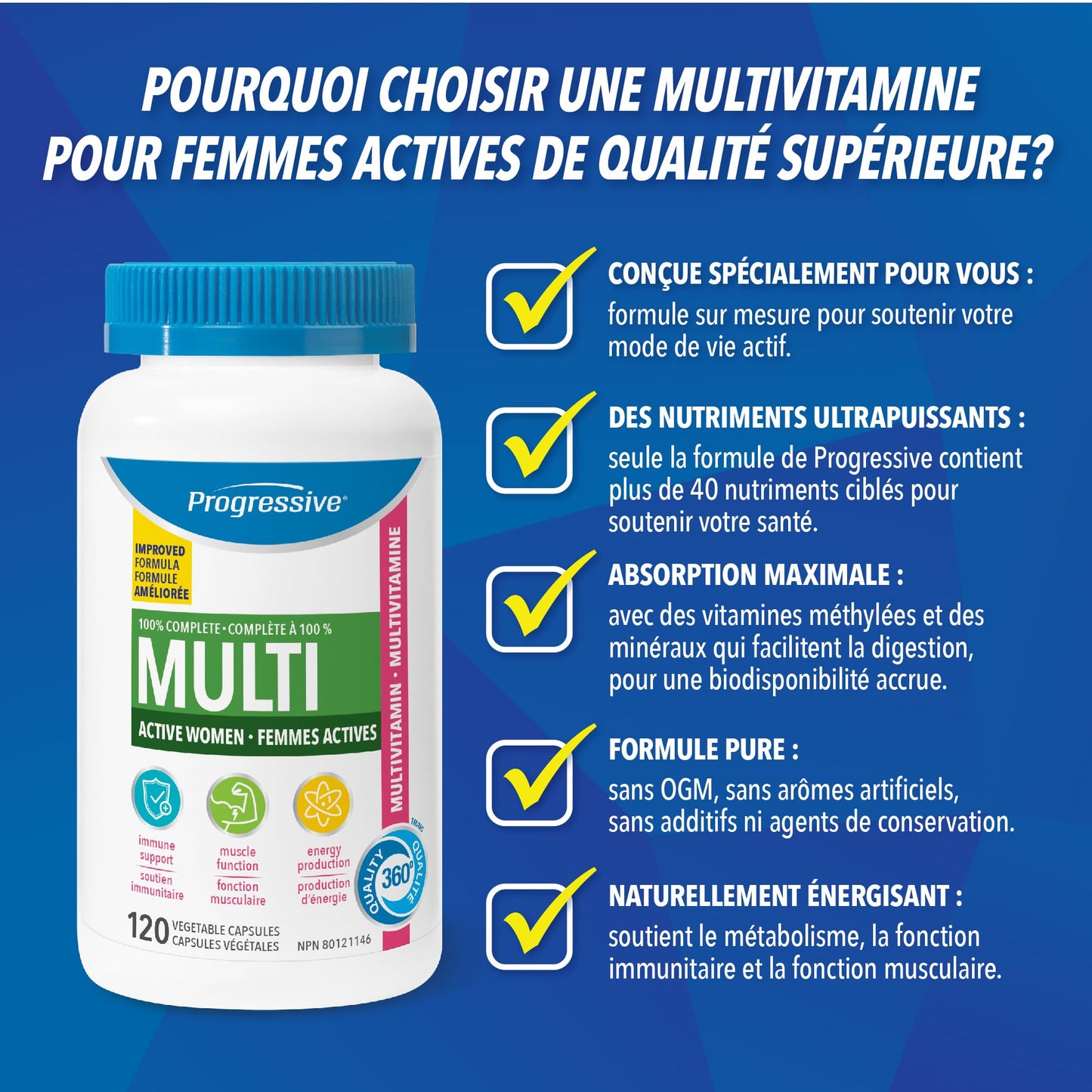Progressive Advanced Daily Multivitamin for Active Women, with DIM, Chastetree, Maca, and Ashwagandha. Supports Immune Health, Healthy Estrogen Balance, and Energy, 100% Complete, Canadian-Made, 120 Count Progressive