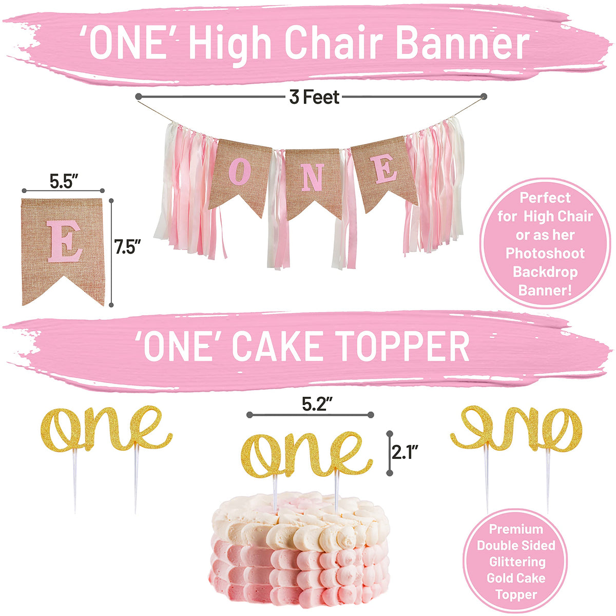 Baby Girl First Birthday Decorations - 1st Birthday Girl Decoration Pink Gold Party Supplies - Happy First Birthday Banner, Number 1 Balloon and Crown, Balloon Arch, High Chair Banner, ONE Cake Topper 🍁 All In One Marketplace Canada