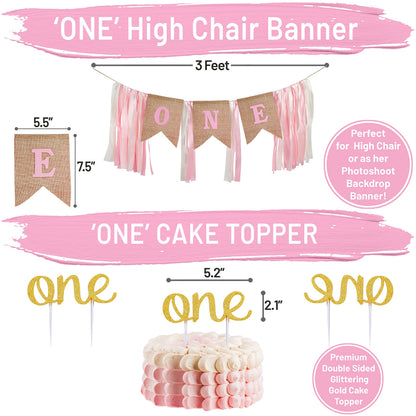 Baby Girl First Birthday Decorations - 1st Birthday Girl Decoration Pink Gold Party Supplies - Happy First Birthday Banner, Number 1 Balloon and Crown, Balloon Arch, High Chair Banner, ONE Cake Topper 🍁 All In One Marketplace Canada