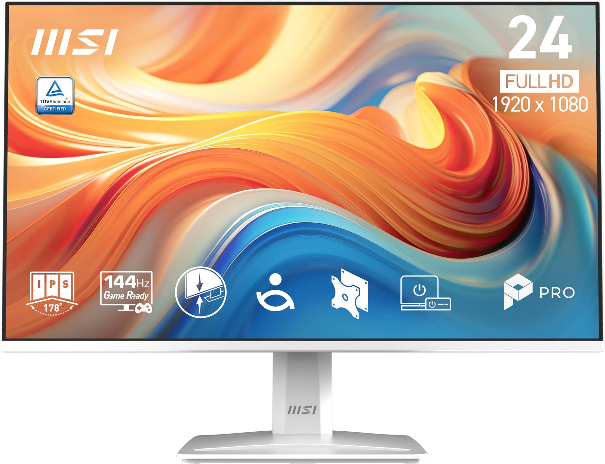 MSI PRO MP243W E14 24-inch IPS 1920 x 1080 (FHD) Computer Monitor, 144Hz, Adaptive-Sync, HDR Ready, HDMI, Display Port, VESA Mountable, Tilt, 4-Side Slim Bezel, 1ms, White MSI