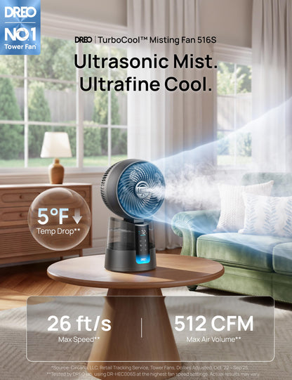 DREO TurboCool Misting Fan 516S, 150°+30°Omni-directional Oscillating Cooling Desk Fans that Blow Cold Air, 26 ft/s,Evaporative Air Cooler, 20dB, 6 Speeds 2 Modes, Remote & APP, RGB, Indoor, Grey - Available at All In One Marketplace Canada