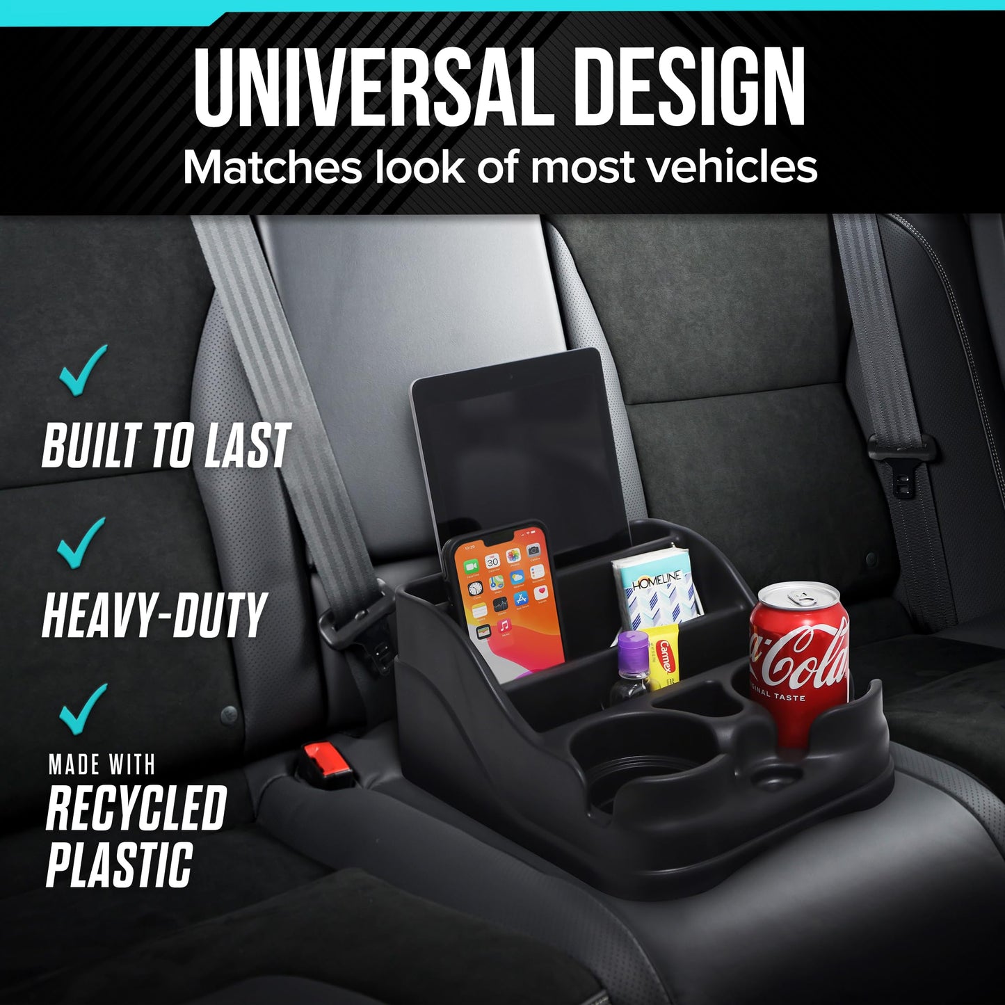 Moblorg Small Center Console for Cars, Trucks, Minivans, SUVs, Vehicle Organizer, Cup Holders, Recycled Plastic, Made in USA (Black) MOBLORG