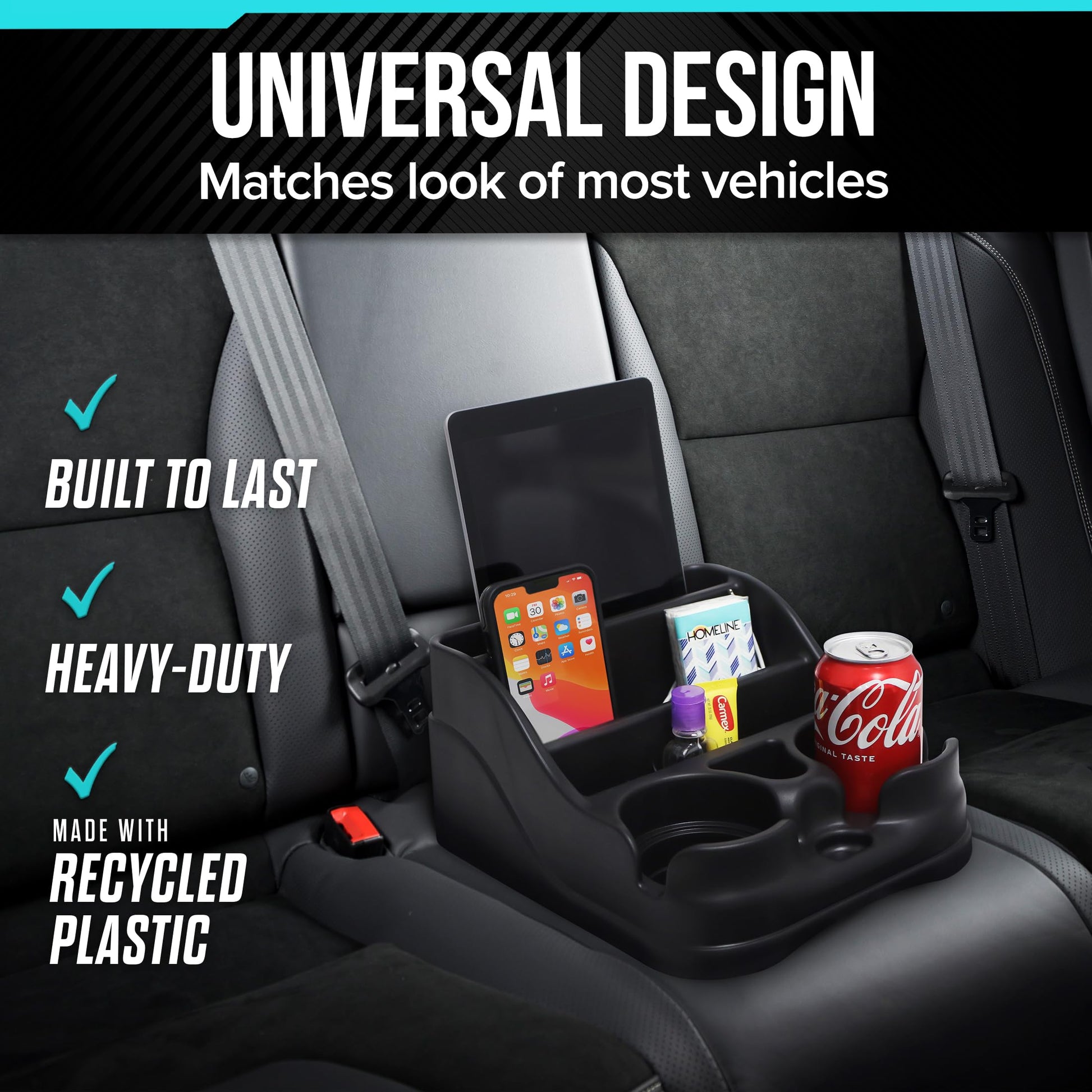 Moblorg Small Center Console for Cars, Trucks, Minivans, SUVs, Vehicle Organizer, Cup Holders, Recycled Plastic, Made in USA (Black) MOBLORG