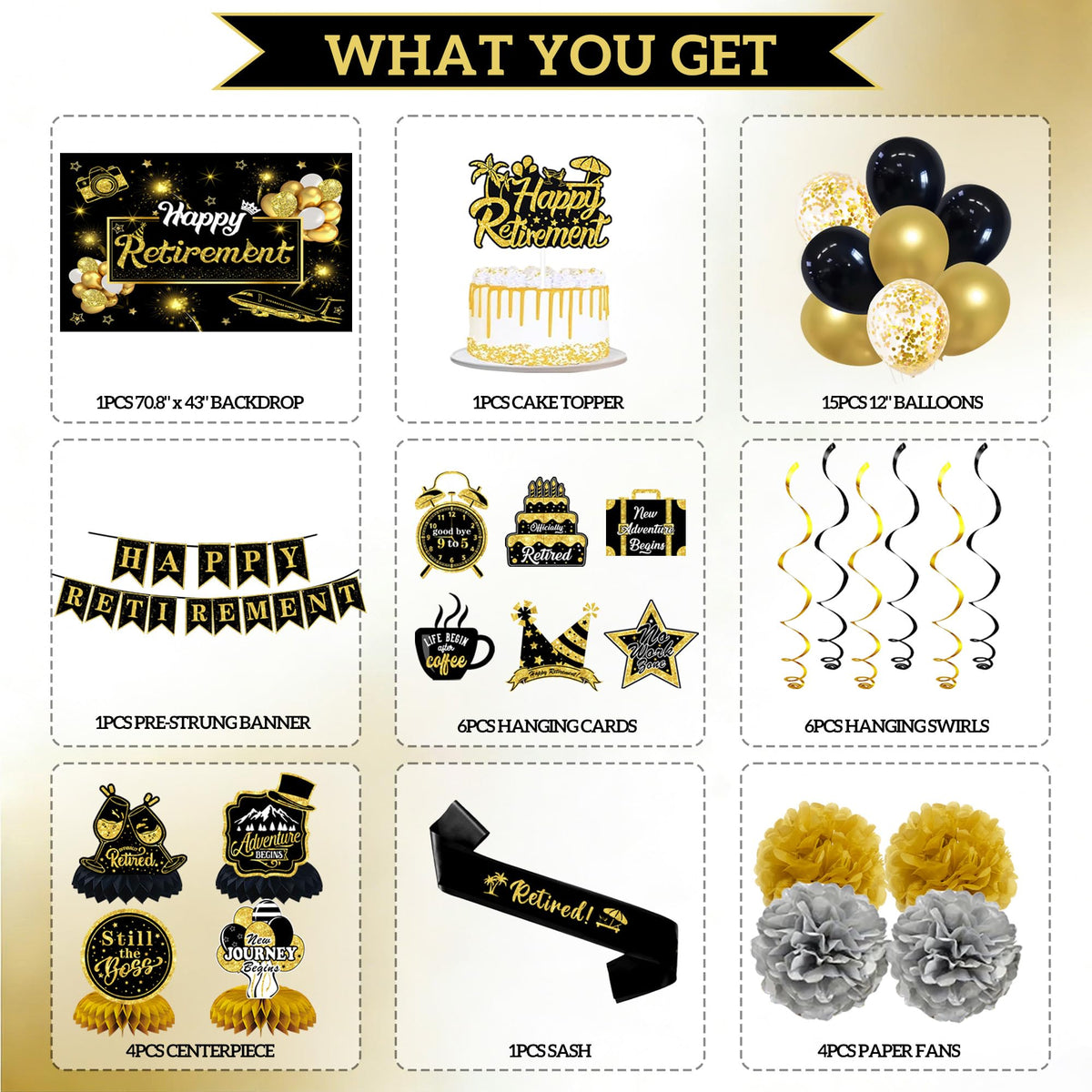 53PCS Retirement Party Decorations Kit for Men & Women, PRE-STRUNG Retirement Decor Set with 72inch Backdrop, Balloons, Sash, Cake Topper, Banner, Honeycomb Centerpieces, Hanging Swirls & Paper Poms 🍁 All In One Marketplace Canada