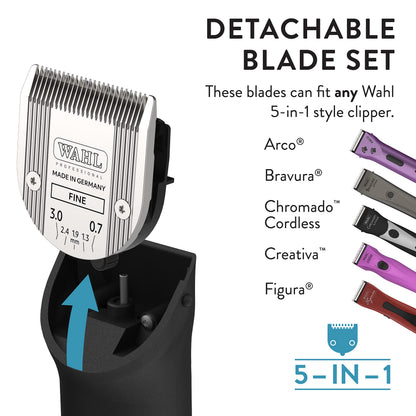 Wahl Professional Animal 5-in-1 Adjustable Pro Fine Adjustable Clipper Blade - for Arco, 5 Style Groom, Bravura, Chromado, Creativa, Figura & Motion Clippers - Replacement Blades - Silver, Made in Germany - Model 58190 Wahl