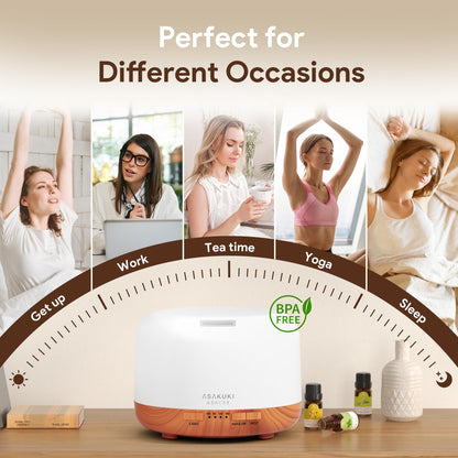 ASAKUKI 500ml Essential Oil Diffuser, 5 in 1 Premium Ultrasonic Aromatherapy Fragrant Oil Vaporizer Humidifier with Remote Control, 3 Timer and Auto-Off Safety Switch, 7 LED Light Colors - Available at All In One Marketplace Canada