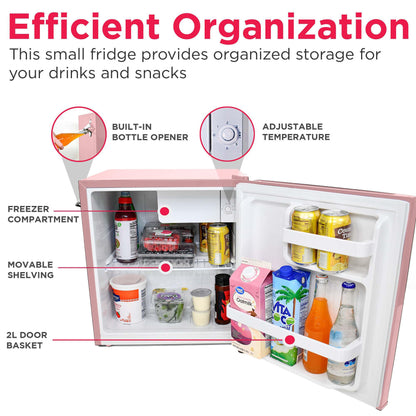 Frigidaire EFR176 Retro Compact Fridge with Chiller Mini Refrigerator with Built-in Bottle Opener for Office, Bedroom, Dorm Room or Cabin, 1.6 cu ft 16"D x 18"W x 18.5"H, Pink