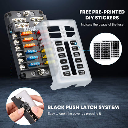 Kohree 12V Fuse Block 12 Way, Blade Marine Fuse Block with LED Indicator