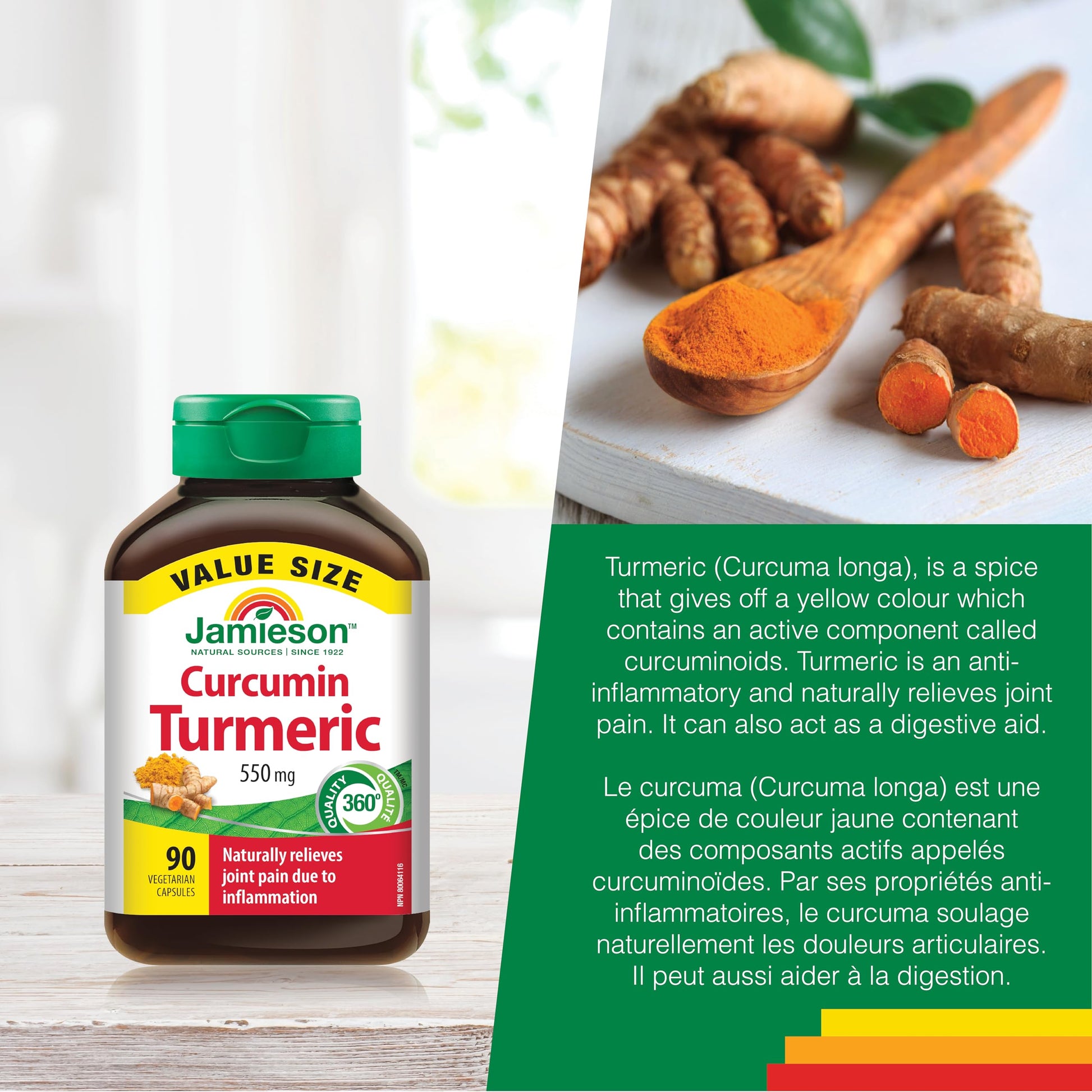 Jamieson Curcumin Turmeric 550 mg, Provides Natural Joint Pain Relief, Supports Inflammation, and Helps with Digestion. NON-GMO, Gluten-Free, 90 Vegetarian Capsules, Proudly Canadian - Available at All In One Marketplace Canada