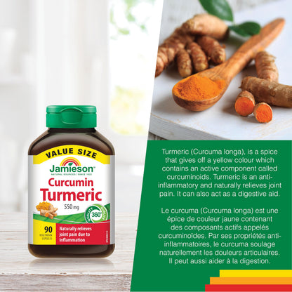 Jamieson Curcumin Turmeric 550 mg, Provides Natural Joint Pain Relief, Supports Inflammation, and Helps with Digestion. NON-GMO, Gluten-Free, 90 Vegetarian Capsules, Proudly Canadian - Available at All In One Marketplace Canada