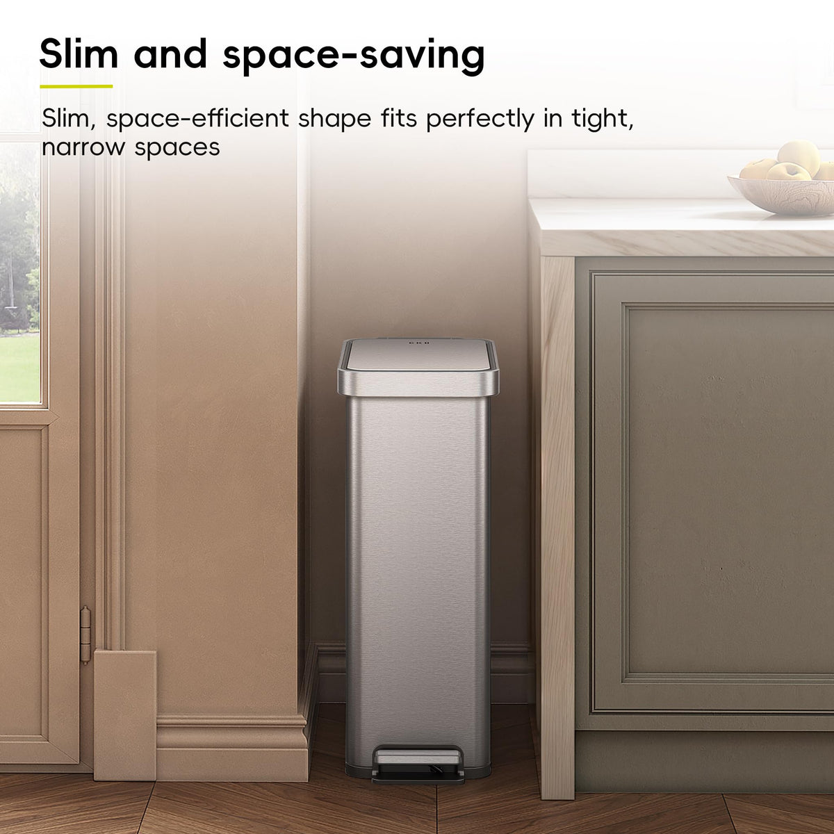 EKO Hudson Slim 50L / 13.2 Gallon Kitchen Trash Can with Lid, Stainless Steel Step Garbage Can for Kitchen or Home, Space-Saving Garbage Can with Soft Close Lid, Stay-Open, Liner Ring, Handle