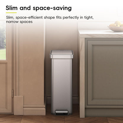 EKO Hudson Slim 50L / 13.2 Gallon Kitchen Trash Can with Lid, Stainless Steel Step Garbage Can for Kitchen or Home, Space-Saving Garbage Can with Soft Close Lid, Stay-Open, Liner Ring, Handle