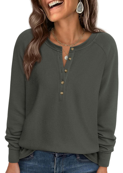 PRETTYGARDEN Women Long Sleeve Waffle Knit Shirt 2026 Spring Casual Button V Neck Loose Henley Tops Basic Tees Winter Clothes(Army Green,Large) 🍁 All In One Marketplace Canada