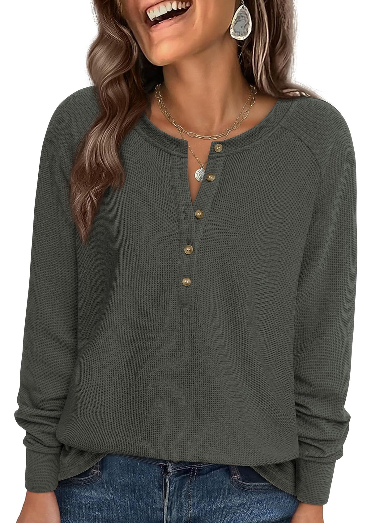 PRETTYGARDEN Women Long Sleeve Waffle Knit Shirt 2026 Spring Casual Button V Neck Loose Henley Tops Basic Tees Winter Clothes(Army Green,X-Large) 🍁 All In One Marketplace Canada