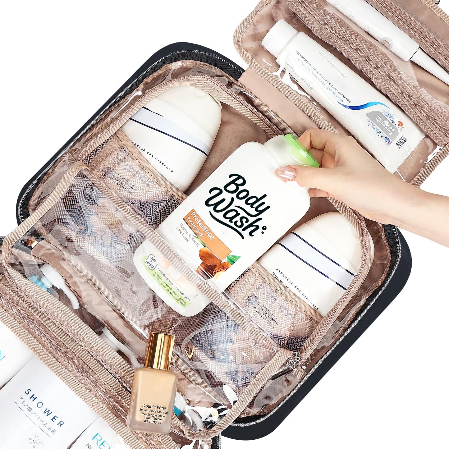 NISHEL Travel Toiletry Bag for Women, Portable Hanging Organizer for Full-Sized Shampoo, Conditioner, Brushes Set, Makeup Accessories, Large Size, Black 🍁 All In One Marketplace Canada